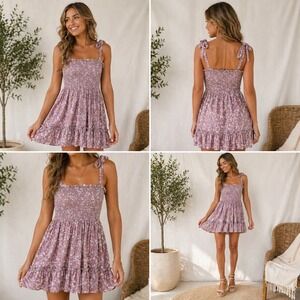 Becool Floral Smocked Mini Dress Peach Tie Shoulder‎ Ruffle Hem Small NWT